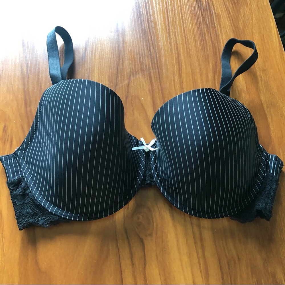 Pinstripe Black Bra with Lace And Bow Detail